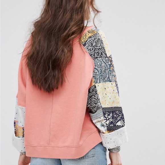 Free People Suns Out Off Shoulder Pullover Patchwork Block Print Sweatshirt XS - Picture 14 of 16